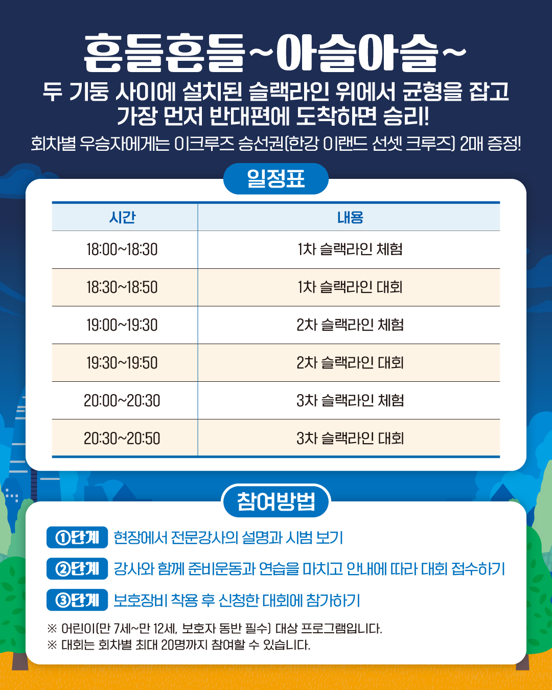 일정표
시간 내용
18:00~18:30 1차 슬랙라인 체험
18:30~18:50 1차 슬랙라인 대회
19:00~19:30 2차 슬랙라인 체험
19:30~19:50 2차 슬랙라인 대회
20:00~20:30 3차 슬랙라인 체험
20:30~20:50 3차 슬랙라인 대회
참여방법
1단계: 현장에서 전문강사의 설명과 시범 보기
2단계: 강사와 함께 준비운동과 연습을 마치고 안내에 따라 대회 접수하기
3단계: 보호장비 착용 후 신청한 대회에 참가하기
※ 어린이(만 7세~만 12세, 보호자 동반 필수) 대상 프로그램입니다.
※ 대회는 회차별 최대 20명까지 참여할 수 있습니다.