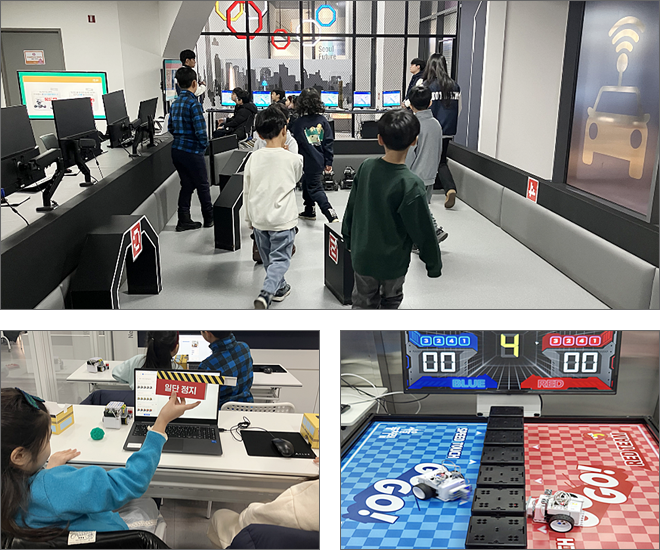 혁신기술 체험관 이미지 - 로봇 플레이존 전경, 배틀봇 워리어스, 퓨처 모빌리티 등 전경