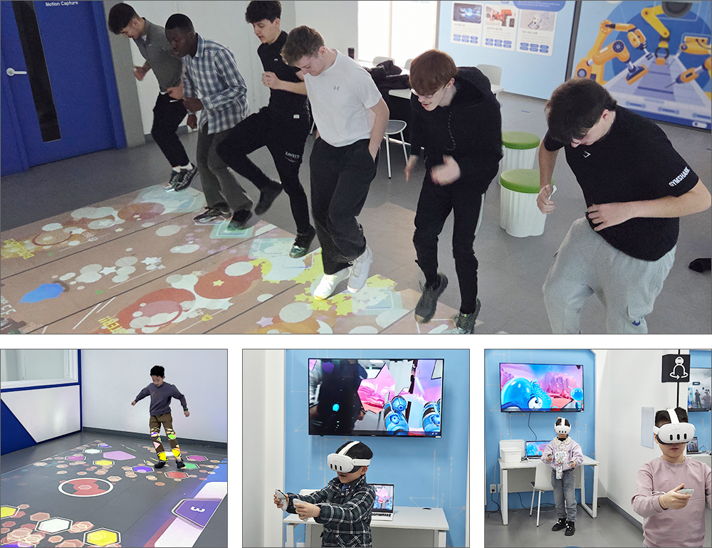 메타버스 체험관 이미지 - 메타버스 체험관 전경, 수업을 듣는 아이들의 모습, 여러 체험이 가능 한 존, AR 체험하는 아이들의 모습