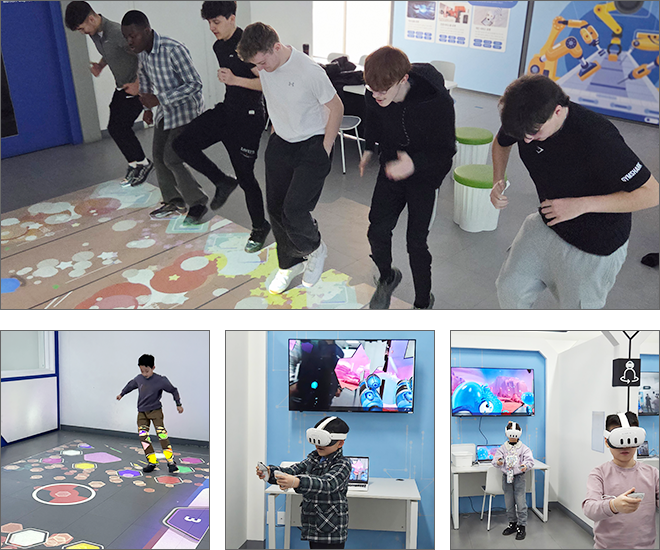 메타버스 체험관 이미지 - 메타버스 체험관 전경, 수업을 듣는 아이들의 모습, 여러 체험이 가능 한 존, AR 체험하는 아이들의 모습