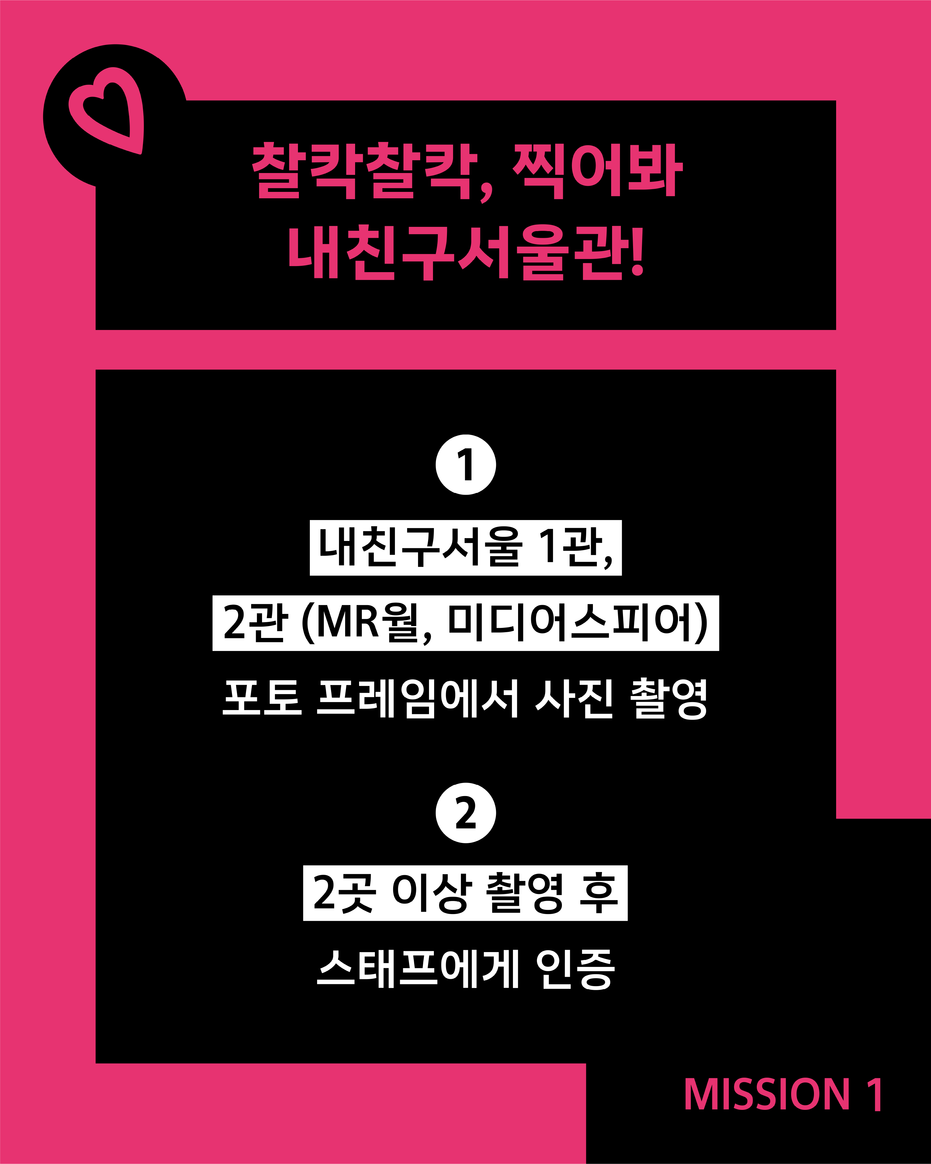 Mission 1 instruction card for Seoul Gallery's K-POP Week event, titled "Click Click, Take a Photo at My Friend Seoul Hall!" The mission has two steps: (1) Take photos at the photo frames in My Friend Seoul Hall 1 and Hall 2 (MR Wall, Media Sphere), and (2) After photographing at least 2 locations, verify with staff. The card uses a bold pink and black graphic design with a heart icon in the top-left corner.