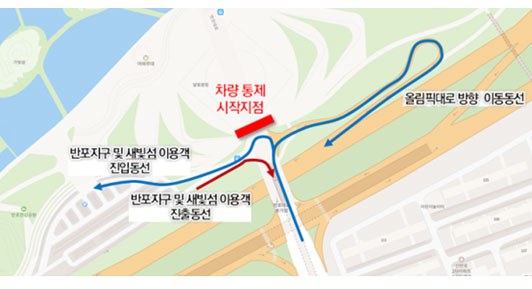 차량 통제 시작지점. 반포지구 및 새빛섬 이용객 진입동선, 반포지구 및 새빛섬 이용객 진출동선, 올림픽대로 방향 이동동선
