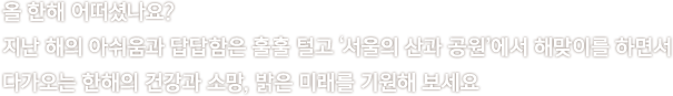 올 한해 어떠셨나요? 지난 해의 아쉬움과 답답함은 훌훌 털고 ‘서울의 산과 공원’에서 해맞이를 하면서
					다가오는 한해의 건강과 소망, 밝은 미래를 기원해 보세요!
