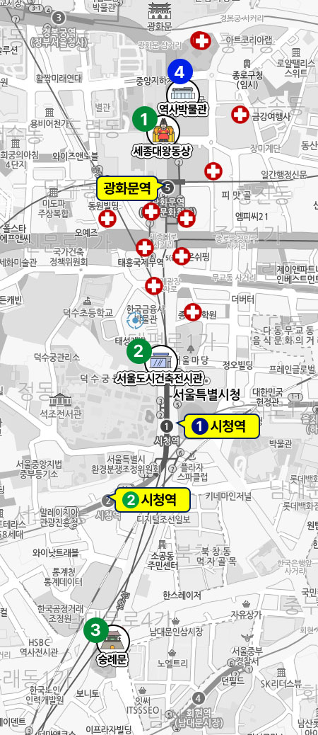 현장진료소 및 서울시 이동형 중환자실(SMICU)을 표시한 지도